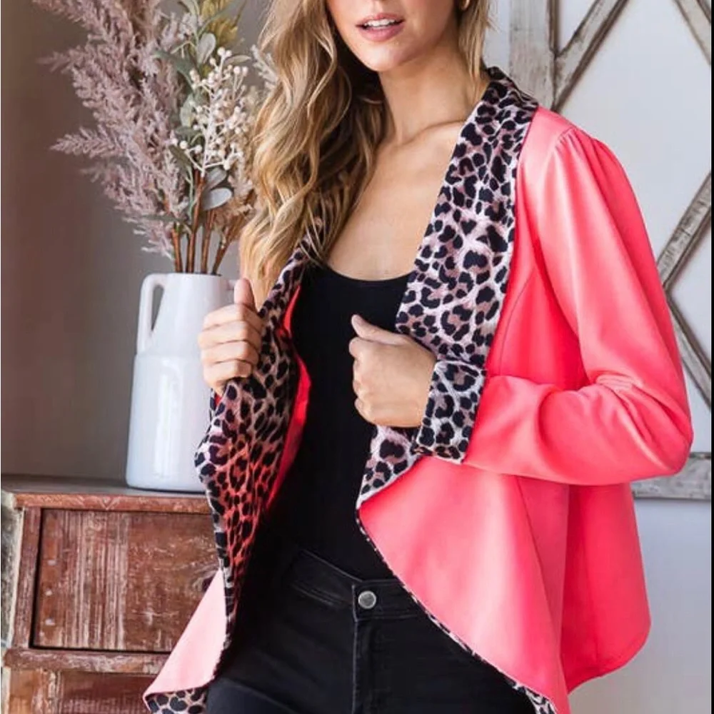 1X-3X Elle Pink Leopard Print Open Shawl Blazer-Host Pick - Picture 4 of 12